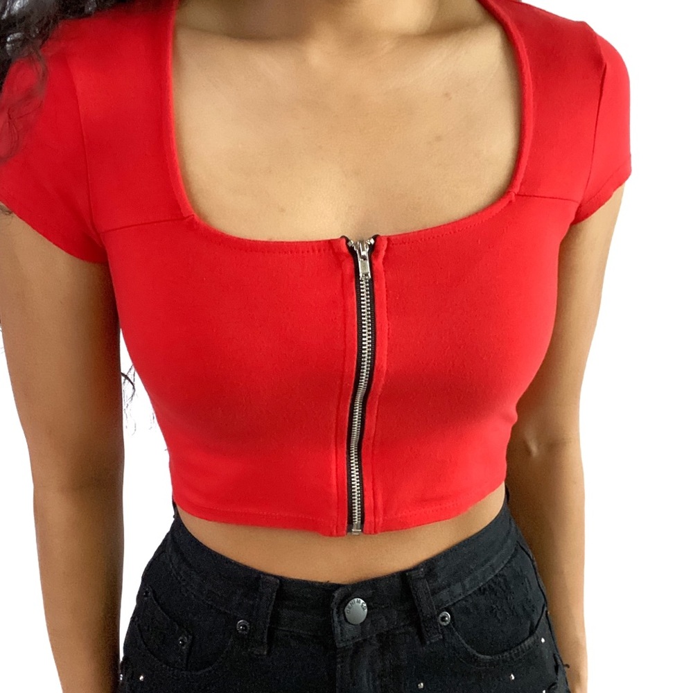 Forever 21 Red Zip Up Crop Top Size S